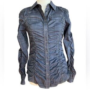 Athleta Womens Tulum Snap Button Shirt Black Plaid Ruched S